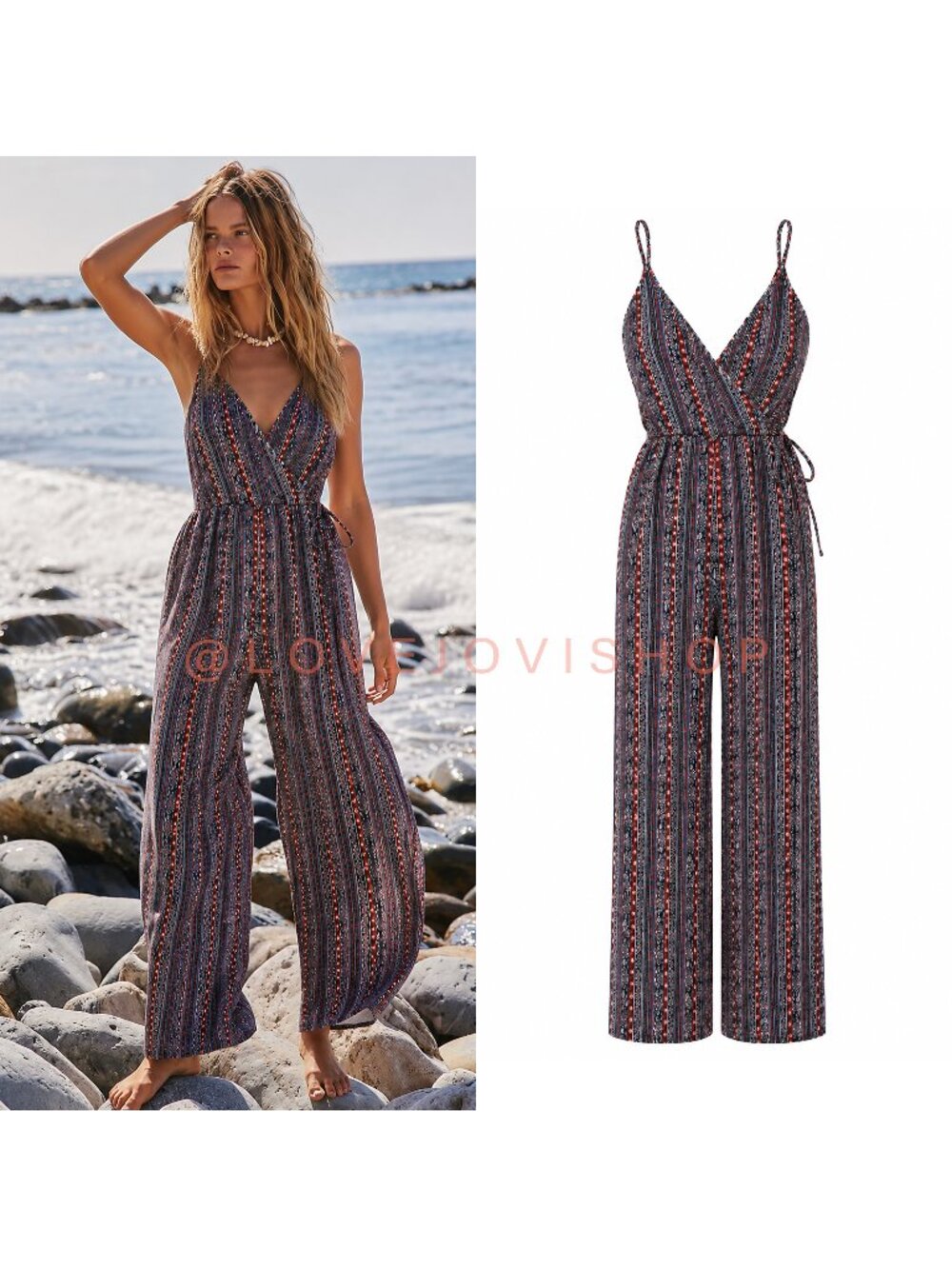 Bohemian | Band of Gypsies Wide Leg V Neck Jumpsuit | Stripes Floral Navy Coral